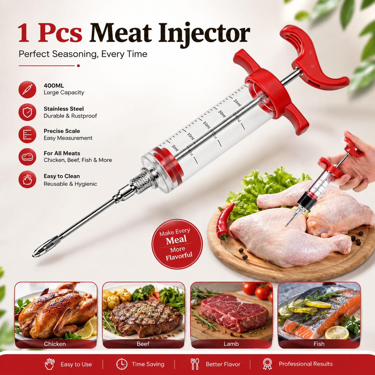 Stylish Red Injection Tool for Chicken & Turkey with 30ml Capacity